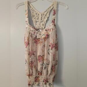 Poetry Floral Lace-Back Top - Cream and Pink